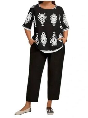 Plus Size Casual Country Print Loose Pullover and Pants Two-Piece Set 2X